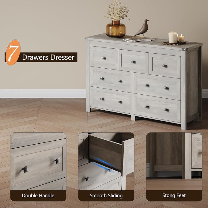Dresser for Bedroom with 7 Drawers, Farmhouse Wood Chest of Drawers, Wide TV - Image 5