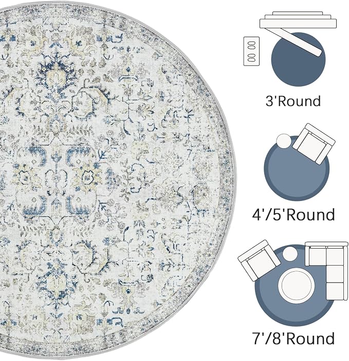 jinchan Kalen Round Rug 8ft Area Rug Washable Vintage Indoor Retro Accent Floor - Image 7