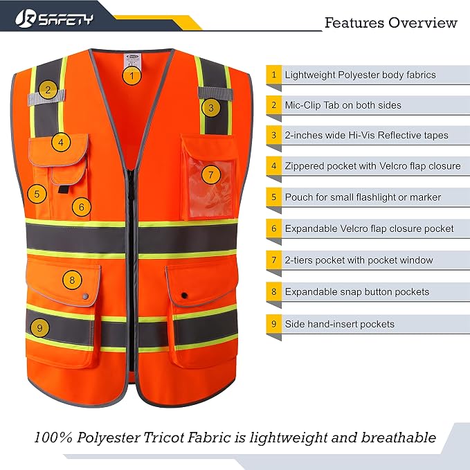 JKSafety 9 Pockets Hi-Vis Neon Orange Color Zipper Front Safety Vest - Image 3