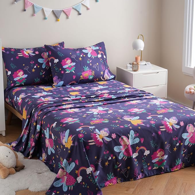 JSD Purple Fairy Kids Sheet Set Full Size, 4 Piece Girls Floral Printed - Image 7