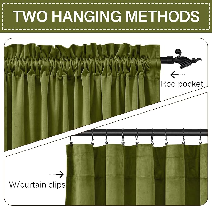 StangH Olive Green Velvet Curtains Light Blocking Bedroom Window Drapes Privacy - Image 3