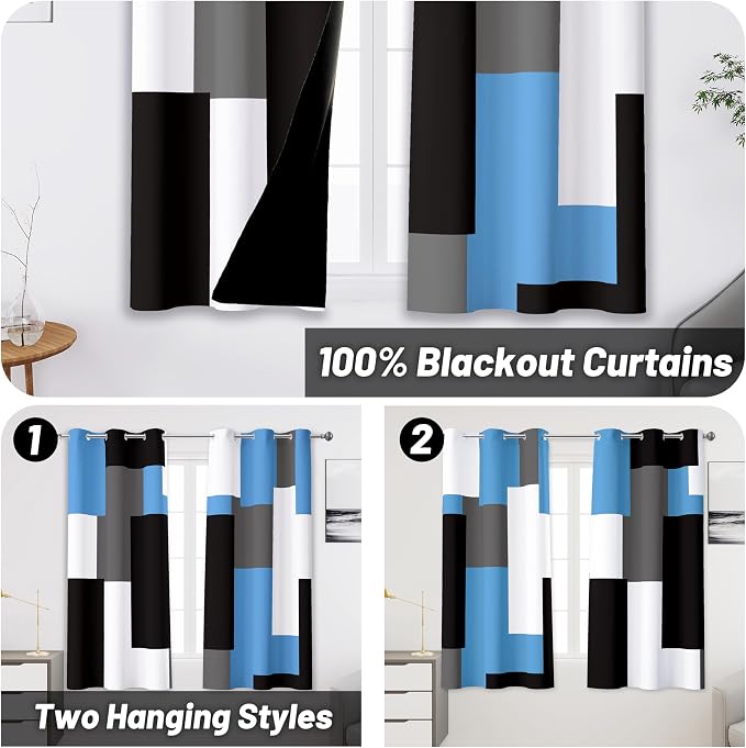 Light Blue 100% Blackout Curtains 45 inch Length 2 Panels Set White Grey Modern - Image 2