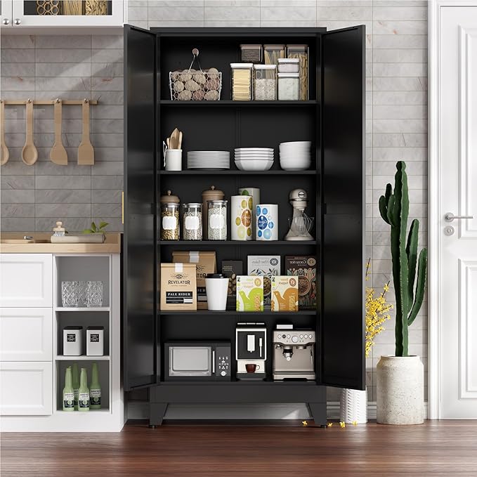 Farmhouse Pantry Cabinet with Barn Doors, 5-Tier Metal Storage Cabinet with 4 - Image 2