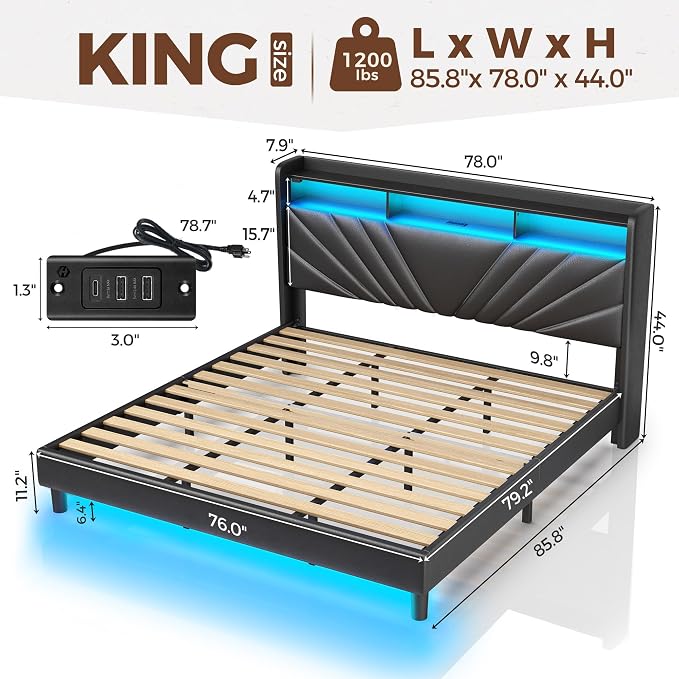 Rolanstar King Size Bed Frame, Storage Headboard - Image 2