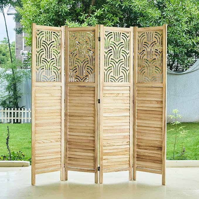 Svimi Folding Room Divider, 66.9 Inch 4 Panels Wood Carved Privacy Screens - Image 9
