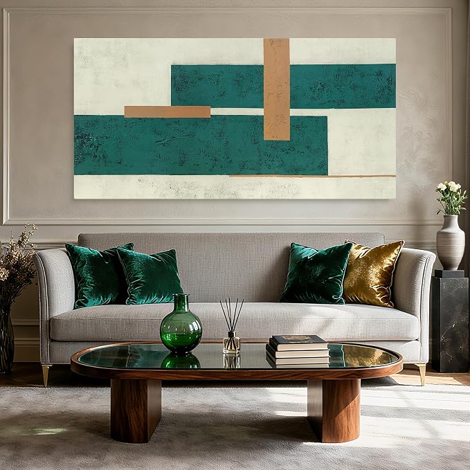 YETHEN WAL Teal Geometric Abstract Canvas Wall Art, 20×40 in Horizontal – - Image 5
