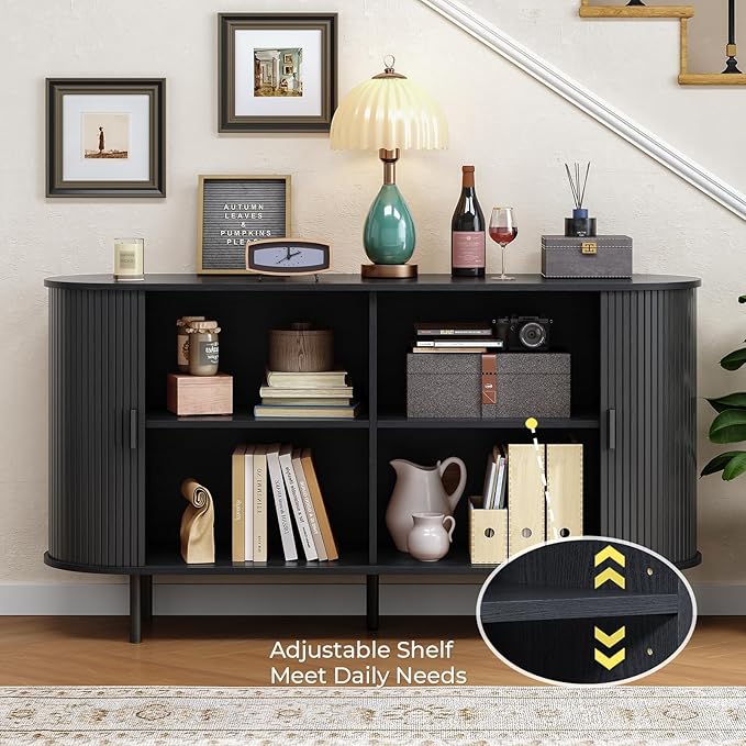 Buffet Cabinet with Storage, Fluted Sideboard Buffet with Sliding Door - Image 3