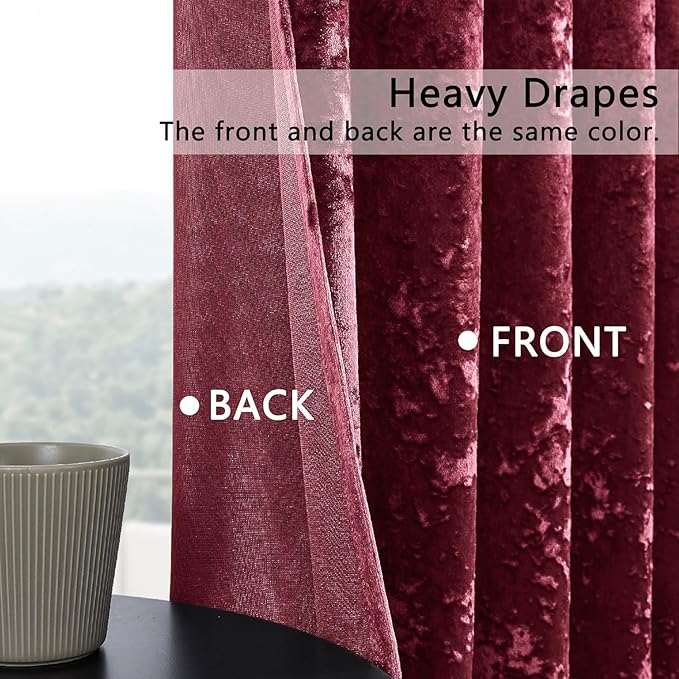 SMILETIME Burgundy Red Crushed Velvet Curtains 52x96 inch Luxurious Thermal - Image 3