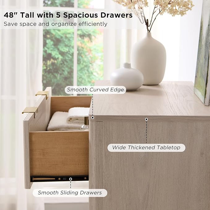 T4TREAM Fluted 5 Drawers Dresser, Curved Profile Design, Wood Drawer Organizer - Image 5