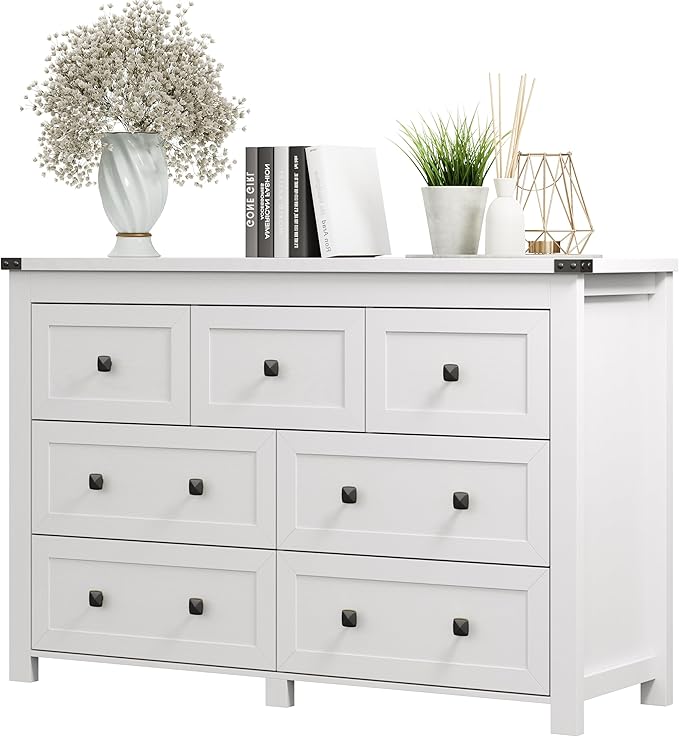 Dresser for Bedroom with 7 Drawers, Farmhouse Wood Chest of Drawers, Wide TV by Xixini