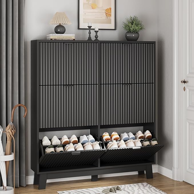 Shoe Cabinet with 6 Flip Drawers, Hidden Slim Wooden Shoe Rack Cabinet by Xixini