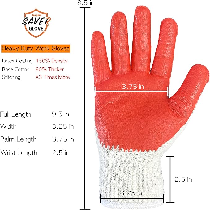 SAVER Non-Slip Red Work Gloves for Construction Latex Rubber Palm Coated - Image 2