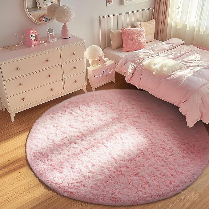 Ophanie Round Rugs 6Ft Pink Circle Area Rug, Fuzzy Bedroom Carpet, Large Shag - Image 3