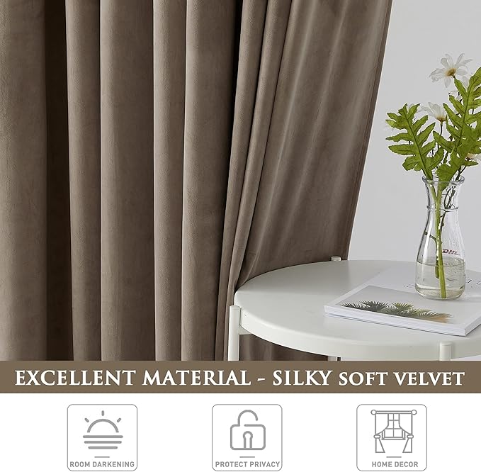 StangH Taupe Velvet Curtains Luxury Thermal Insulated Window Drapes Thick Heavy - Image 5