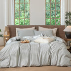 MooMee Striped Duvet Cover Set 100% Washed Cotton Linen Like Textured by MOOMEE