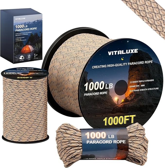 1000lb Paracord Rope, 4mm 12 Triple Strands Paracord, Heavy Duty Tactical by VITALUXE
