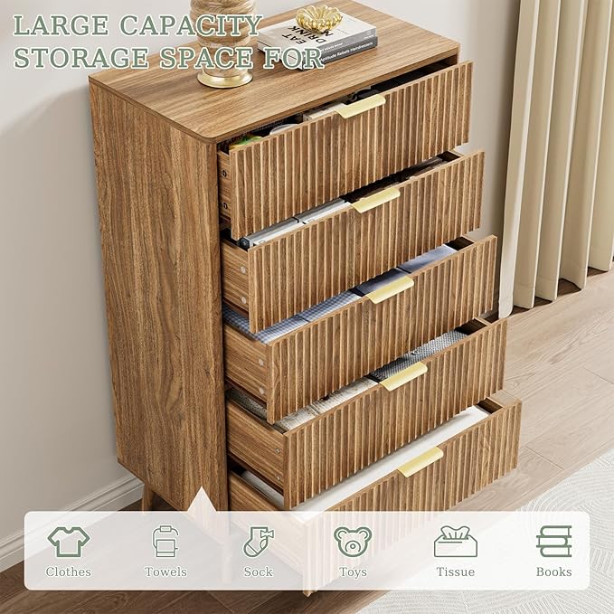 LYNSOM Fluted Dresser and Nightstand Sets 3 Piece, 5-Drawers Dresser and - Image 4