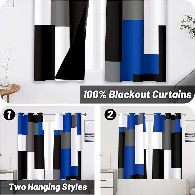 Blue Gray 100% Blackout Curtains 45 inch Length 2 Panels Set White Grey Modern - Image 2