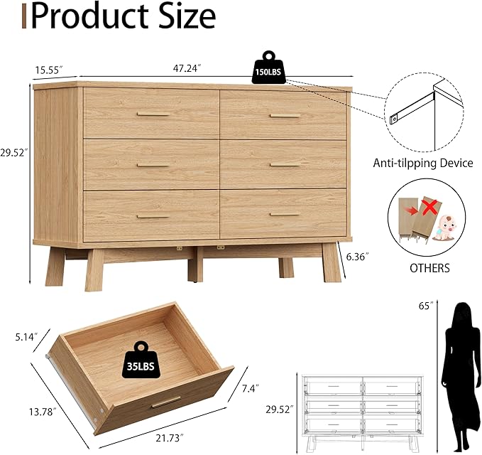 Dresser for Bedroom, 6 Drawer Wide Modern Chest of Drawers - Image 2