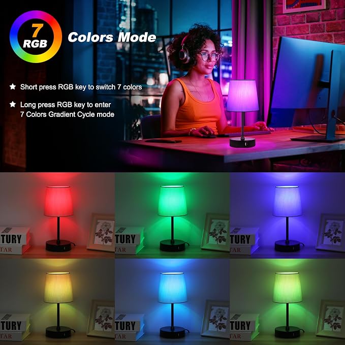 Ascher Small Bedside Table lamp Set of 2, RGB Color Changing Lamps, 3 Color - Image 3