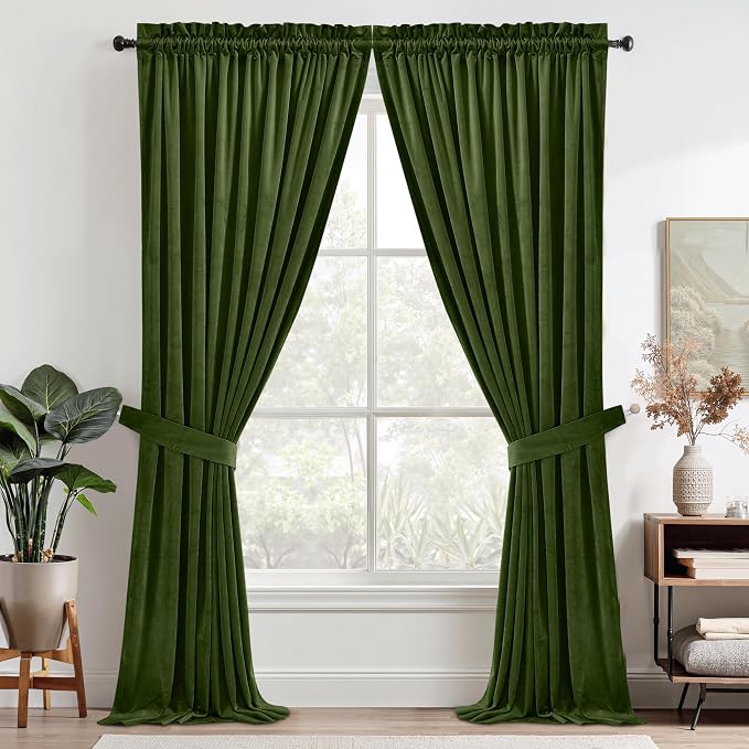 StangH Moss Green Velvet Drapes 90 inches Long, Luxury Room Darkening - Image 2