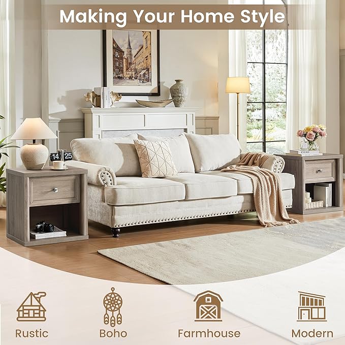 Farmhouse Night Stand Set of 2, Wood Large Side Tables End Table, 22.6" Wide - Image 3