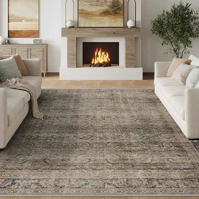 FMFUNCTEX 6x9 Washable Area Rug Brown Vintage Neutral Distressed Large Non Slip - Image 3