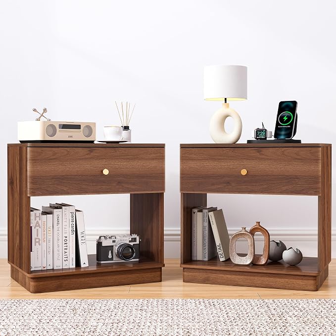 Narrow Nightstand Set of 2, Wooden Small 2 Drawer Nightstand, Slim Side End by FurSchFurniture