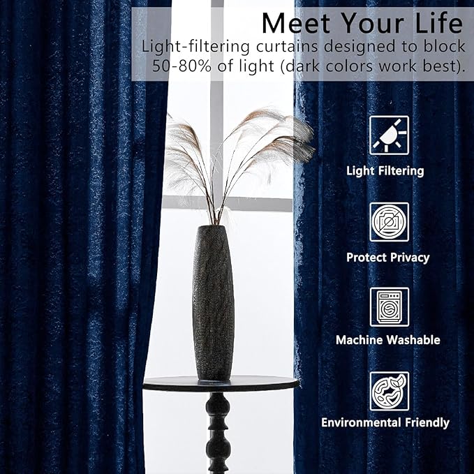 SMILETIME Navy Blue Crushed Velvet Curtains 52x108 inch Luxurious Thermal - Image 4