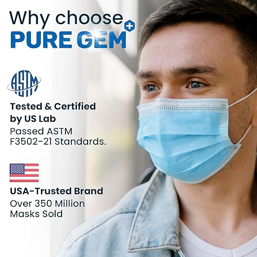 PURE GEM Single Use Disposable Blue Face Mask, Soft on Skin, 3-ply Masks Facial - Image 4