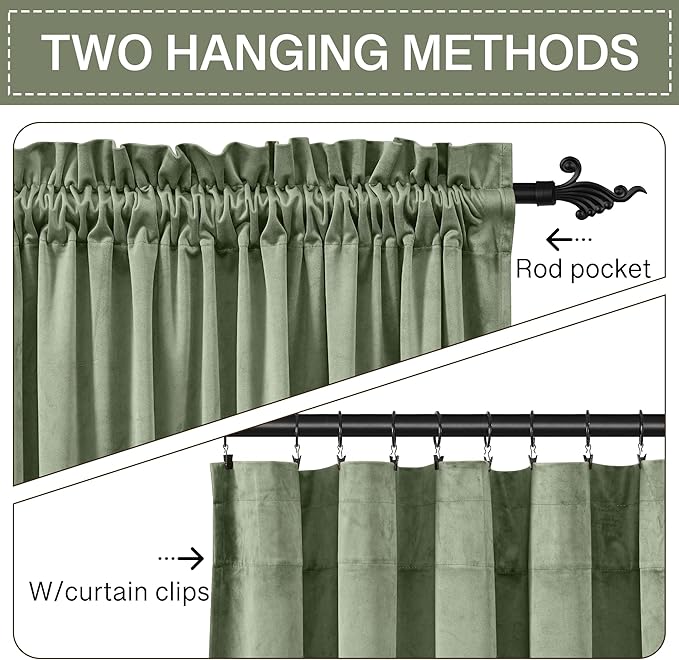 StangH 108 inches Length Sage Green Velvet Curtains, Rod Pocket Sunlight - Image 3