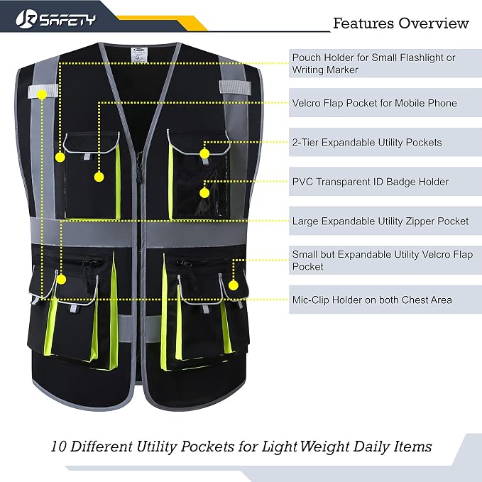 JKSafety 10 Pockets Black Color Safety Vest Zipper Front - Image 4