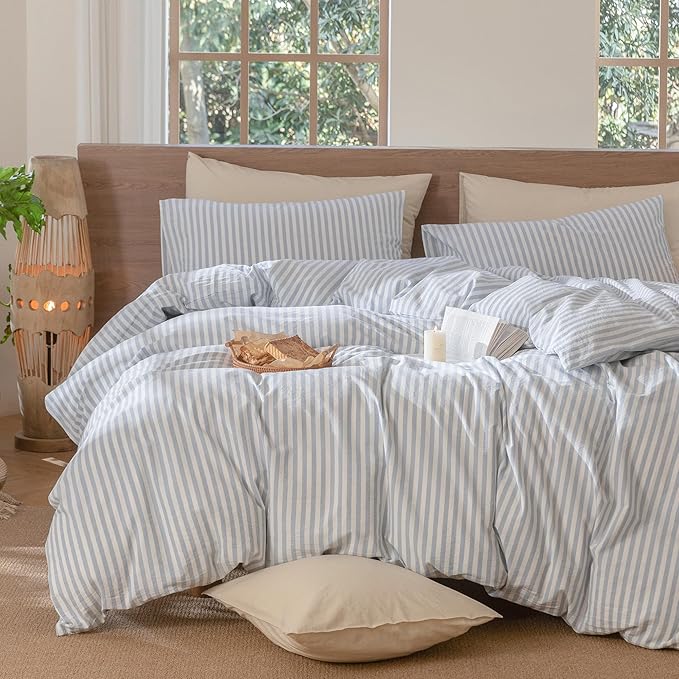 MooMee Striped Duvet Cover Set 100% Washed Cotton Linen Like Textured - Image 6