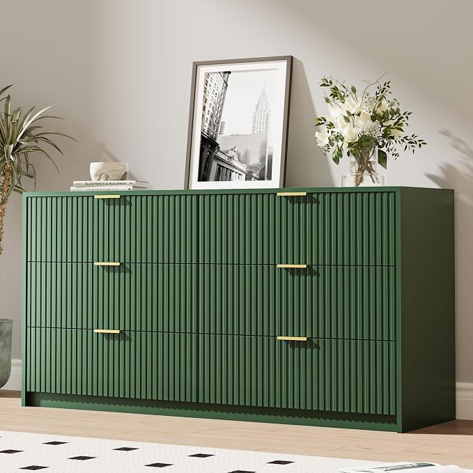 Green 6 Drawer Dresser for Bedroom, Fluted Wood TV Stand for Living Room - Image 8