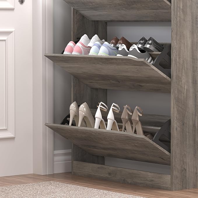 Shoe Cabinet with 3 Flip Drawers & Coat Rack, Narrow Hidden Shoe Storage Cabinet - Image 6