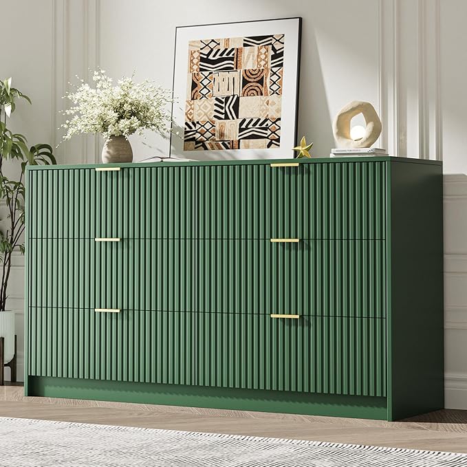 Green 6 Drawer Dresser for Bedroom, Fluted Wood TV Stand for Living Room by MAISONARIA