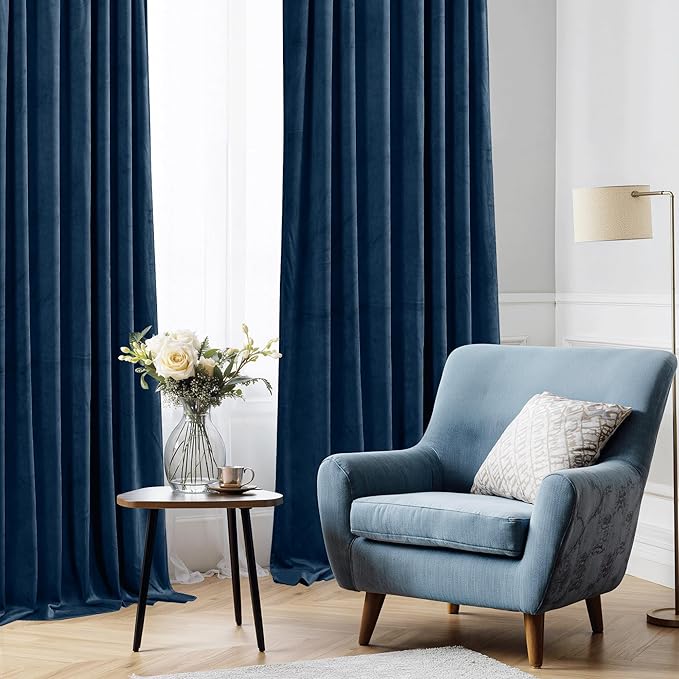StangH Rod Pocket Velvet Curtains 90 inches Long Navy Blue Blackout Thermal - Image 7