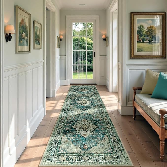 Area Rugs 2'x7' Washable Non-Slip, Floral Vintage Distress Print Pattern - Image 2