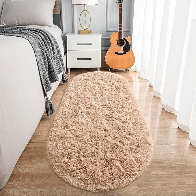Noahas Fluffy Beige Rugs for Bedroom Living Room, 2.6'X5.3' Oval Throw Rug for - Image 8