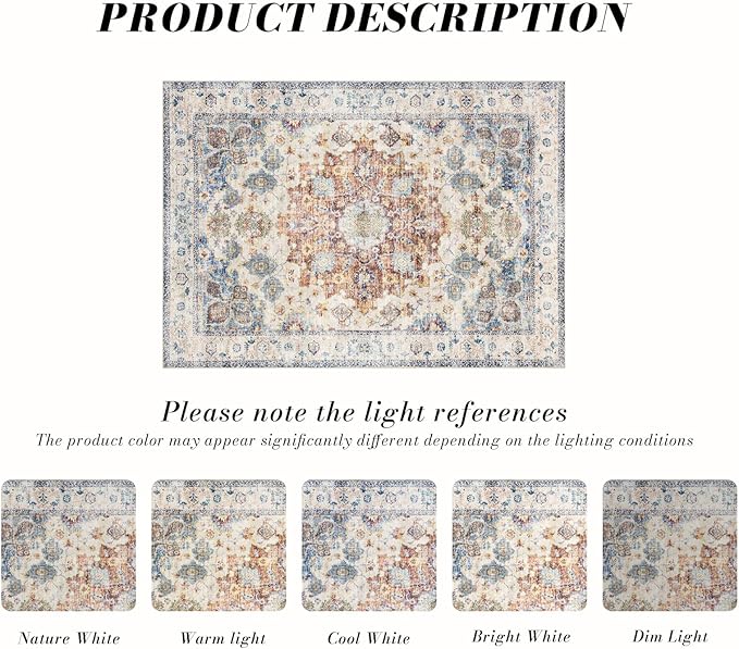 Area Rug 8×10, Large Vintage Boho Rug, Ultra-Soft Low Pile, Non Slip, Stain - Image 3