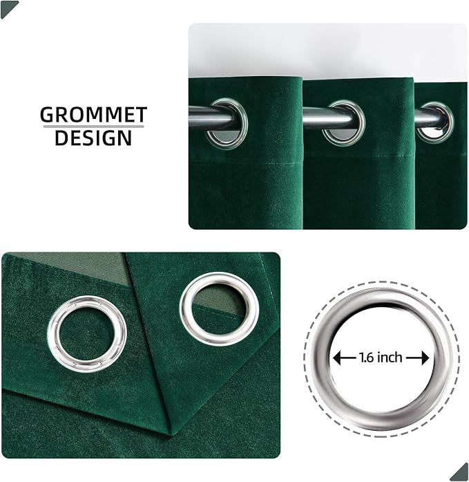 Joydeco Dark Green Velvet Curtains 96 Inches Long, Luxury Grommet Blackout - Image 2