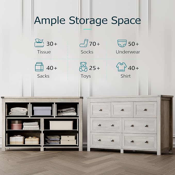 Dresser for Bedroom with 7 Drawers, Farmhouse Wood Chest of Drawers, Wide TV - Image 4