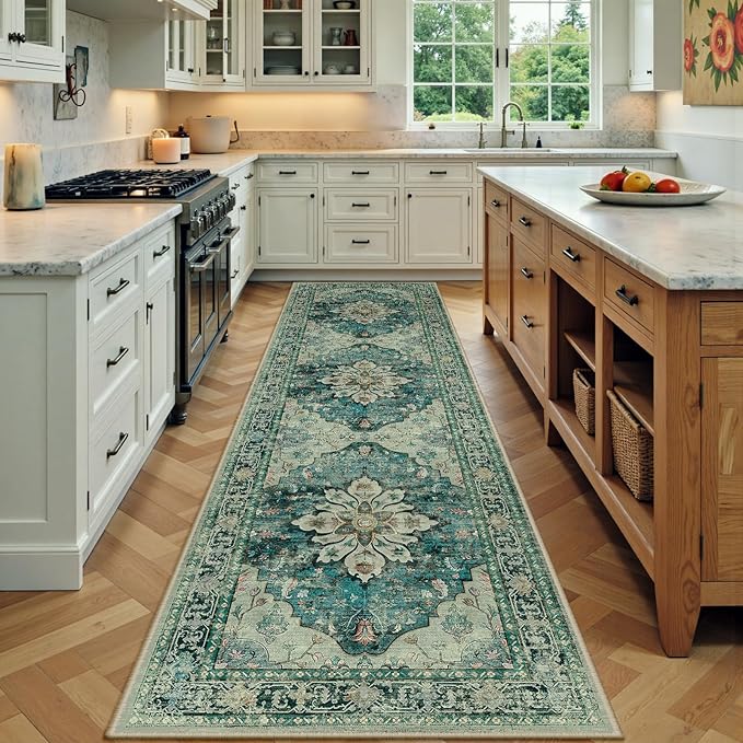 Area Rugs 2'x7' Washable Non-Slip, Floral Vintage Distress Print Pattern by RELEANY