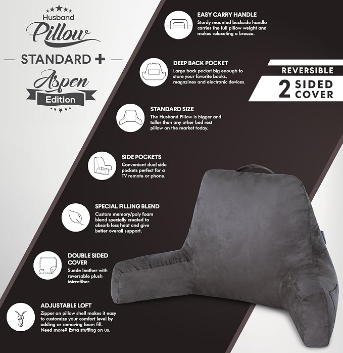 Husband Pillow Aspen Iron Grey, Reading Pillow Bed Rest Chair, Two-Sided - Image 4