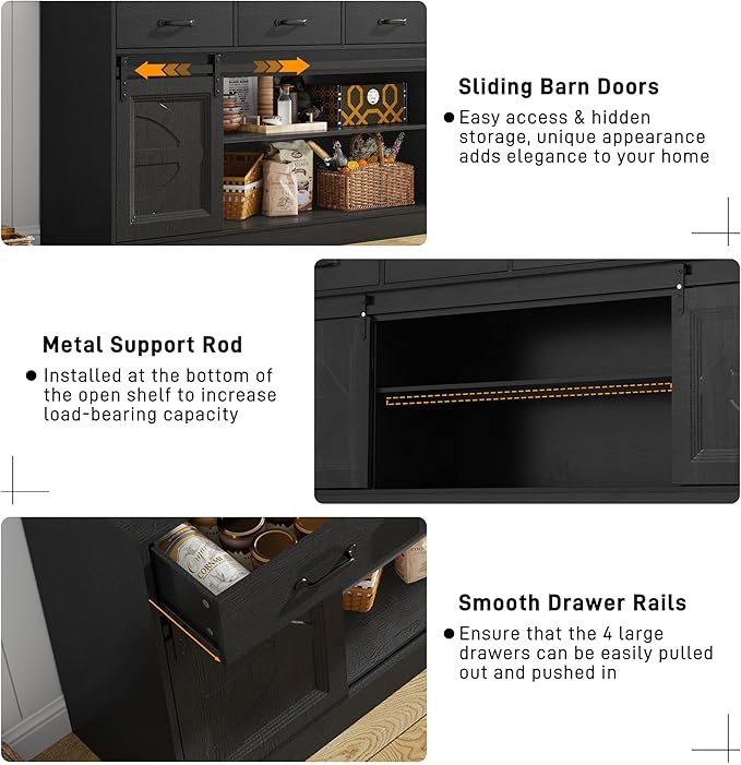 70” Large Long Buffet Sideboard Cabinet w/4 Drawer, Farmhouse Buffet Storage - Image 5