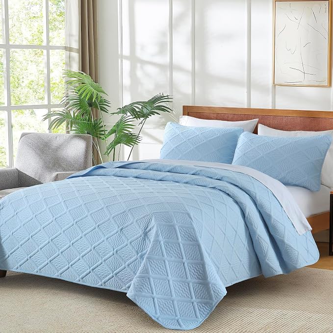 Yiran Ash Blue Quilt Set King Size, 3 Piece Reversible Bedspreads Bedding Set - Image 3
