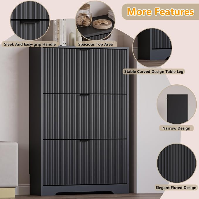 Entryway Shoe Cabinet with 3 Flip Drawers, Narrow Shoe Organizer Cabinet with - Image 4