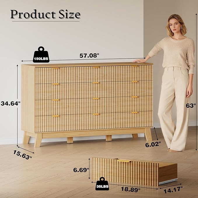 57" Wide Dresser for Bedroom, 12-Drawer Fluted Dresser - Image 2