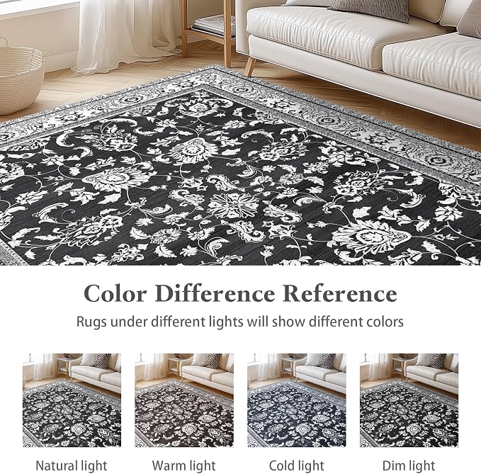 Area Rugs 5x7 Machine Washable Floral Rug Non Silp Faux Wool Vintage Soft Black - Image 7