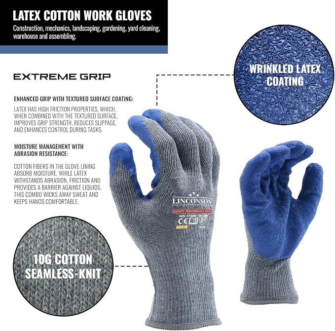 linconson 12 Pairs Extreme Grip Latex Palm Coated Cotton Work Gloves Suitable - Image 2